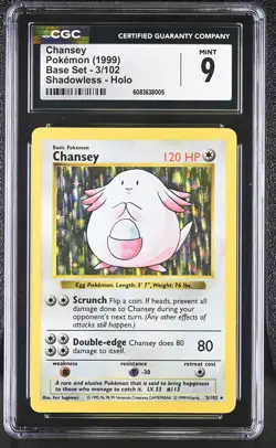 CGC 9 MINT Chansey 1999 Base Set 3/102 Shadowless Holo Pokemon Card - Image 1
