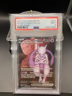 Pokemon TCG Destined Rivals Team Rockets Mewtwo EX Ultra Rare Card 213/182 PSA 9 - Image 1