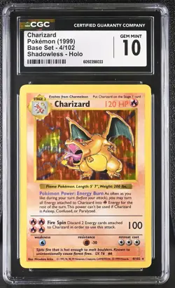 CGC 10 GEM MINT Charizard 1999 Base Set 4/102 Shadowless Holo Pokemon Card - Image 1