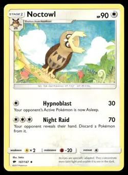 2017 Burning Shadows Set Pokemon Card 107 Noctowl LP - Image 1
