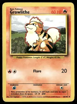 1999 Base set Pokemon card 028 Growlithe HP - Image 1
