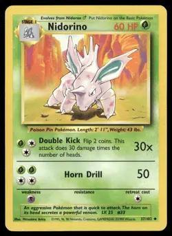 1999 Base set Pokemon card 037 Nidorino HP - Image 1