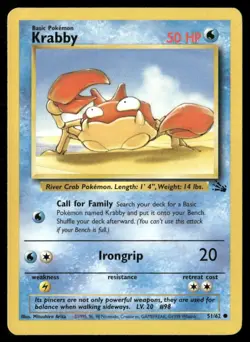 1999 Fossil set Pokemon card 51 Krabby LP - Image 1