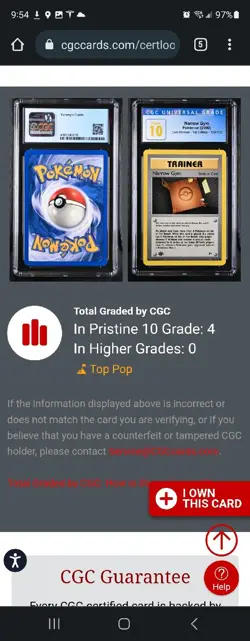 (POP 4) CGC 10 PRISTINE Pokemon Narrow Gym Stadium Trainer 124/132 1st Edition - Image 4