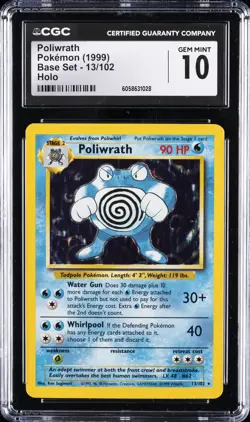 1999 POKEMON BASE SET UNLIMITED #13 POLIWRATH CGC 10 - Image 1