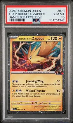 2025 POKEMON DRI EN-DESTINED RIVALS GAMESTOP #070 TEAM ROCKET'S ZAPDOS PSA 10 - Image 1