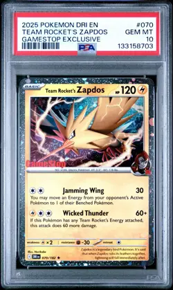 2025 POKEMON DRI EN-DESTINED RIVALS #070 TEAM ROCKET'S ZAPDOS PSA 10 GEM MINT - Image 1
