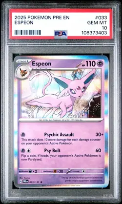 2025 Pokemon Prismatic Evolutions # 033 Espeon Holo PSA 10 GEM MINT! Free Ship! - Image 1