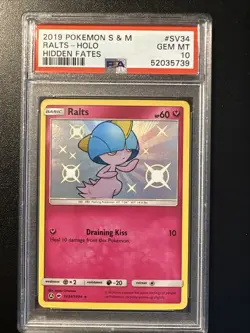 2019 Pokemon Hidden Fates Sun & Moon Ralts Shiny Holo PSA 10 Gem Mint #SV34 - Image 1