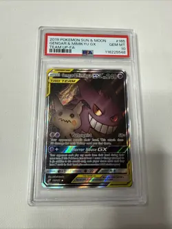 2019 POKEMON SUN & MOON TEAM UP #165 FULL ART/GENGAR & MIMIKYU GX PSA 10 - Image 1
