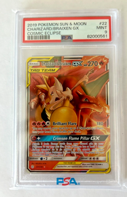 Pokemon TCG 2019 Sun & Moon Cosmic Eclipse Charizard & Braixen GX #22 PSA MINT 9 - Image 1