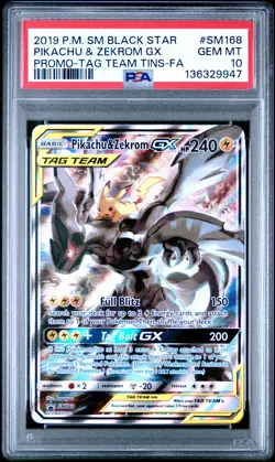 2019 POKEMON SM BLACK STAR PROMO #SM168 FULL ART/PIKACHU & ZEKROM GX PSA 10 - Image 1
