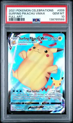2021 POKEMON CELEBRATIONS #009 FULL ART/SURFING PIKACHU VMAX PSA 10 - Image 1