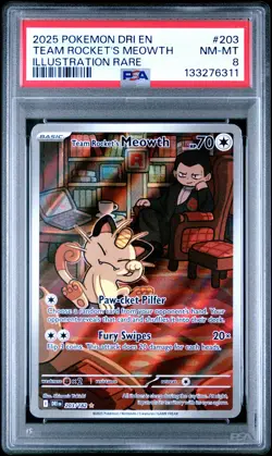 2025 POKEMON DRI EN-DESTINED RIVALS ILLUSTRATION RARE TEAM ROCKET'S MEOWTH PSA 8 - Image 1