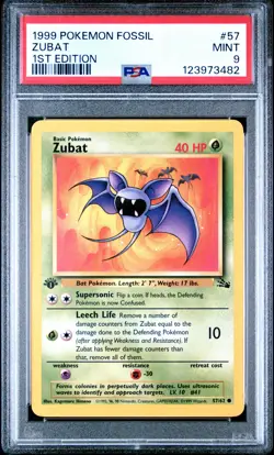 1999 POKEMON FOSSIL 1ST ED #57 ZUBAT PSA 9 - Image 1