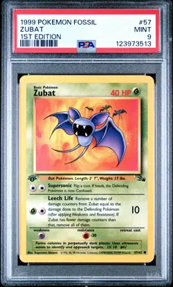 1999 POKEMON FOSSIL 1ST ED #57 ZUBAT PSA 9 - Image 1