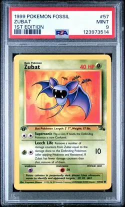 1999 POKEMON FOSSIL 1ST ED #57 ZUBAT PSA 9 - Image 1