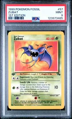 1999 POKEMON FOSSIL 1ST ED #57 ZUBAT PSA 9 - Image 1
