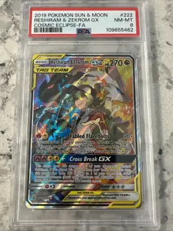 PSA 8 2019 Pokemon SM Cosmic Eclipse Reshiram Zekrom Tag Team GX 222/236 MINT - Image 1
