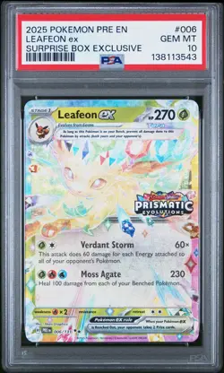 2025 POKEMON PRISMATIC EVOLUTIONS SURPRISE BOX EXCLUSIVE #006 LEAFEON EX PSA 10 - Image 1