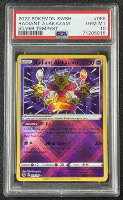 RADIANT ALAKAZAM PSA 10 2022 POKEMON SWORD & SHIELD SWSH SILVER TEMPEST #059/195 - Image 1