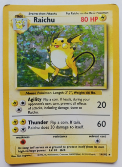 Raichu Pokemon Card Holo WOTC 14/102 Base Set Rare Vintage 1999 Original MP - Image 1