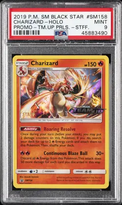 2019 POKEMON SM BLACK STAR PROMO TEAM UP PRERELEASE-STAFF CHARIZARD-HOLO PSA 9 - Image 1