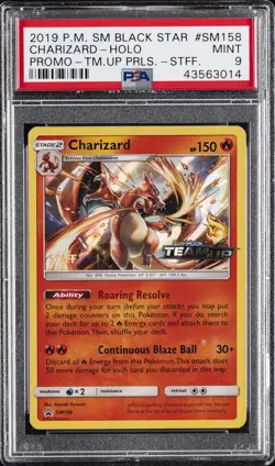 2019 POKEMON SM BLACK STAR PROMO TEAM UP PRERELEASE-STAFF CHARIZARD-HOLO PSA 9 - Image 1