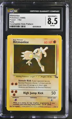 CGC 8.5 Hitmonlee 1999 Fossil 7/62 Incomplete Holo Error Mirror Pokemon Card - Image 1