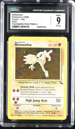 CGC 9 Hitmonlee 1999 Fossil 7/62 Incomplete Holo Pattern Error Pokemon Card - Image 1