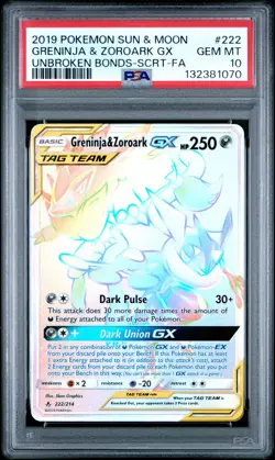 2019 POKEMON SUN & MOON UNBROKEN BONDS FULL ART/GRENINJA & ZOROARK GX PSA 10 - Image 1