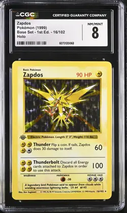 POKEMON CGC 8 NM/Mint Base Set Zapdos 16/102 Holo Rare 1st Edition *0068 - Image 1