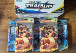 Pokemon S&M Team Up Display Case with 5 Sealed Blastoise & Charizard Theme Decks - Image 1