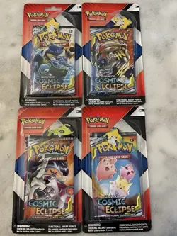 4 Pokemon Sun & Moon Cosmic Eclipse 2 Pack Blisters Pin 4 Artwork Set Sealed - Image 1