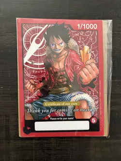 One Piece Luffy Promo Original Crew Certificate Jumbo Oversized Card 1/1000 - Image 1