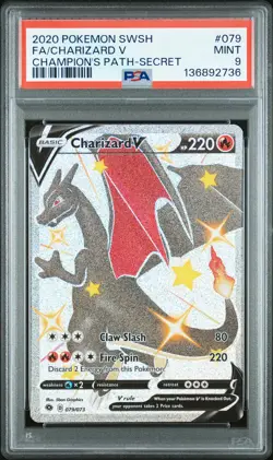 2020 POKEMON SWORD & SHIELD CHAMP'S PATH SECRET #079 FULL ART/CHARIZARD V PSA 9 - Image 1