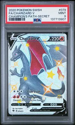 2020 Pokemon Sword & Shield Champion'S Path #079 Fa/Charizard V Secret PSA 9 - Image 1