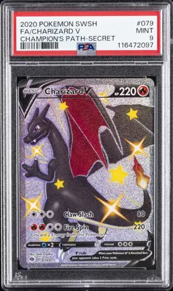 2020 POKEMON SWORD & SHIELD CHAMP'S PATH SECRET #079 FULL ART/CHARIZARD V PSA 9 - Image 1