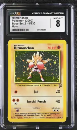 CGC 8 Hitmonchan 2000 Base Set 2 8/130 Holo Pokemon Card - Image 1