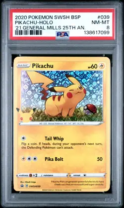 2020 POKEMON SWSH GENERAL MILLS 25TH ANNIVERSARY #039 PIKACHU-HOLO PSA 8 - Image 1
