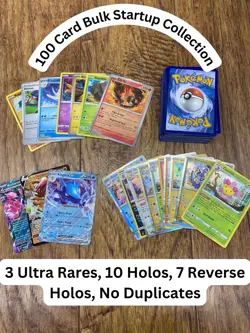 100 Pokemon Cards Lot With Ultra Rares/Holos/Reverse Holo NO DUPLICATES Starter - Image 1
