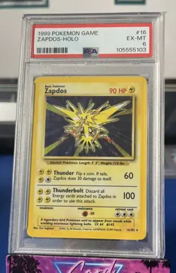 1999 POKEMON BASE SET UNLIMITED #16 ZAPDOS-HOLO PSA 6 EX-MT - Image 1