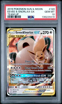 2019 Pokemon Sun & Moon Team Up Eevee & Snorlax GX Tag Team PSA 10 Gem Mint - Image 1