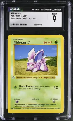 CGC 9 MINT Nidoran 1999 Base Set 1st Edition Shadowless 55/102 Pokemon Card - Image 1