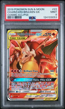 2019 POKEMON SUN & MOON COSMIC ECLIPSE #22 CHARIZARD & BRAIXEN GX PSA 9 - Image 1