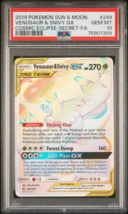 2019 POKEMON SUN & MOON COSMIC ECLIPSE #249 VENUSAUR & SNIVY GX SECRET PSA 10 - Image 1
