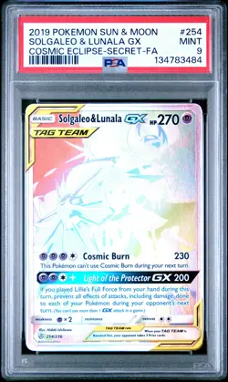 2019 POKEMON SUN & MOON COSMIC ECLIPSE #254 FULL ART/SOLGALEO & LUNALA GX PSA 9 - Image 1