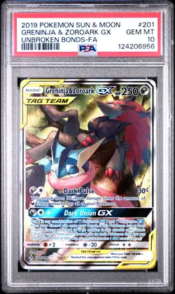 2019 POKEMON SUN & MOON UNBROKEN BONDS FULL ART/GRENINJA & ZOROARK GX PSA 10 - Image 1