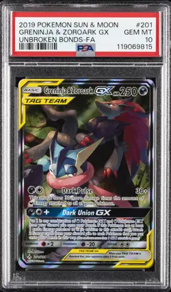 2019 POKEMON SUN & MOON UNBROKEN BONDS FULL ART/GRENINJA & ZOROARK GX PSA 10 - Image 1