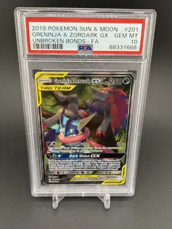 2019 POKEMON SUN & MOON UNBROKEN BONDS FULL ART/GRENINJA & ZOROARK GX PSA 10 🔥 - Image 1